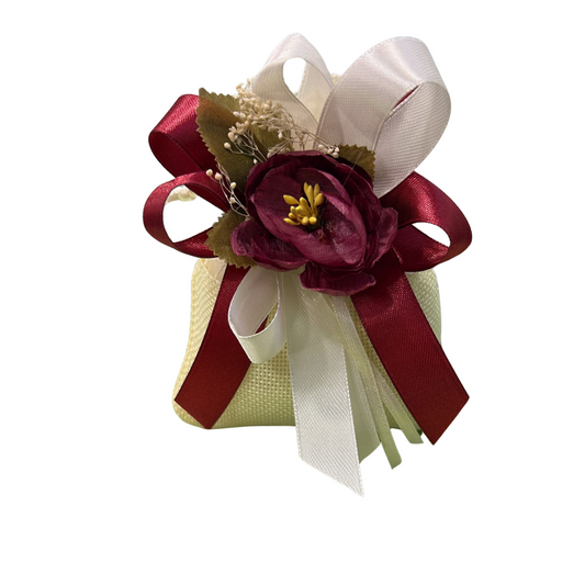 Sacchetto Portaconfetti in Yuta con Fiore e Nastro Bordeaux – Completo e Pronto all’Uso