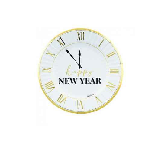 Piatto Carta  "Happy New Year"  Clock White , cm 23  pz8 a cf.