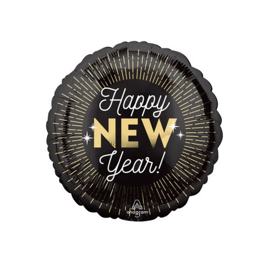 Palloncino Foil Tondo "Happy New Year", Oro/Nero  17" /cm42  pz1 a cf.